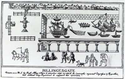 Billingsgate Markt, Londen, naar een originele tekening uit c.1598 door English School